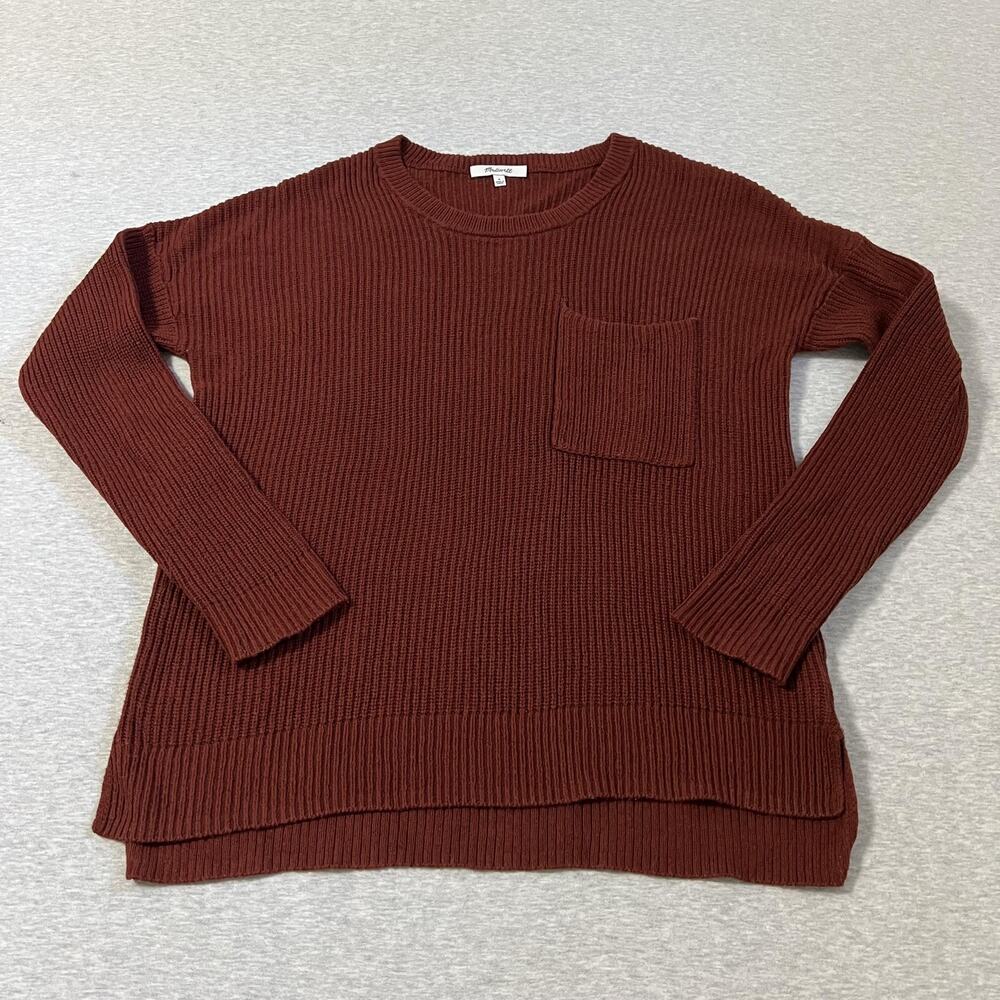 Madewell‎ Sweater Womens S Burnt Orange Ribbed Pocket Cotton Blend Crewneck Fall